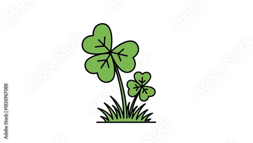 Charming illustration of two lucky four-leaf clovers, one large and one small, sprouting from green grass, symbolizing good fortune, prosperity, and the whimsical beauty of nature