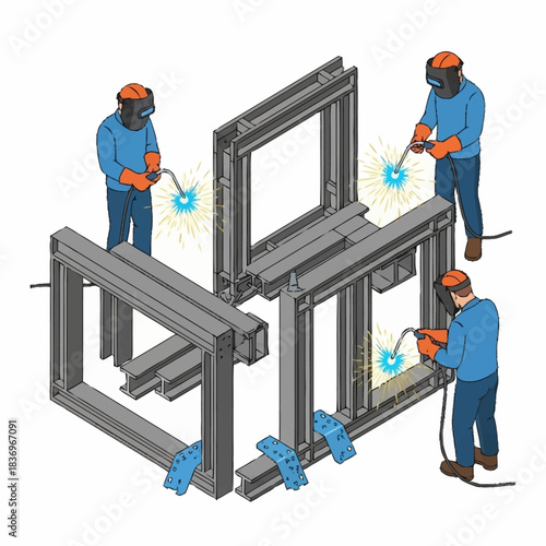 Welders fabricating metal frames with precision and expertise.