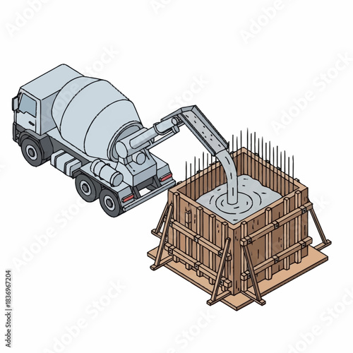 Concrete mixer truck pouring cement into a foundation formwork.