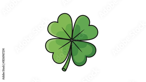 A simple, stylized illustration of a vibrant green four-leaf clover, symbolizing good luck and fortune against a white background