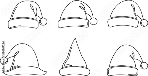Vector Collection of Six Minimalist Outline Santa Hats in Different Shapes, Ideal for Christmas, Winter Holidays, Seasonal Events, Festive Decoration, and Line Art Graphics.