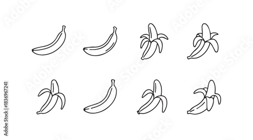 Collection of hand-drawn banana icons showing different stages of peeling and whole fruits vector