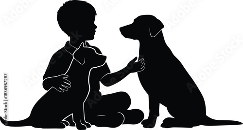 Child with two dogs silhouette, pet companionship moment, black illustration, animal affection icon, sitting pose, friendship gesture, emotional bond, peaceful interaction