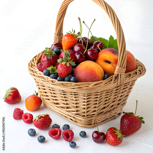 Basket of fresh fruits and vegetables on white background, ideal for organic market ads, healthy lifestyle blogs, diet plans