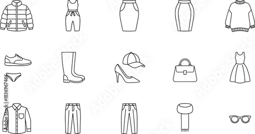 Fashion and clothing outline vector icons set; essential wardrobe items including jacket, dresses, pants, and accessories for e-commerce, shopping, and retail websites.