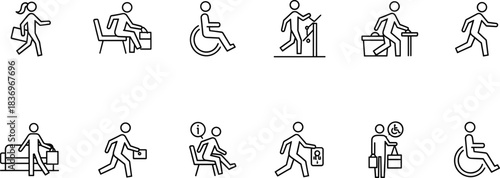 Vector Collection of Twelve Outline Stick Figure Icons, Representing Travelers, Waiting, Carrying Bags, Walking, and Wheelchair Accessibility, Ideal for Airports and Public Service Graphics
