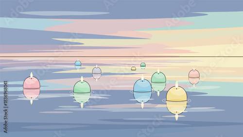 Colorful fishing floats bobbing gently on the water surface.