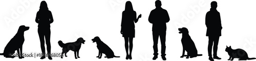 Silhouette of people with pets, dog and cat companions, standing and sitting poses, black vector illustration, isolated on white background