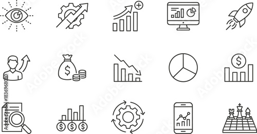 Finance, business strategy, and economic growth outline vector icons set, featuring charts, money, and development concepts essential for investment and corporate projects.