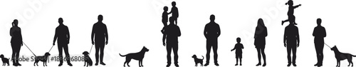 Silhouette of people, children, dogs, family interaction, pet walking, bonding moments, urban lifestyle, outdoor activity, companionship, parenting, leisure, love