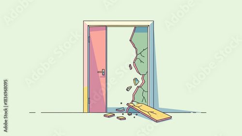 Broken door with debris and a wooden plank on the floor.