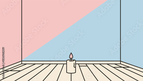 A single lit candle stands in an empty room.