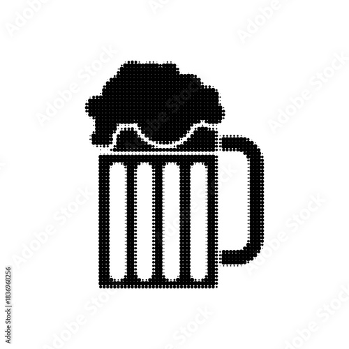 Halftone beer mug icon with foam in retro dotted style. Black minimal graphic symbol for bar, pub, brewery, menu design, signage, and beverage concepts.