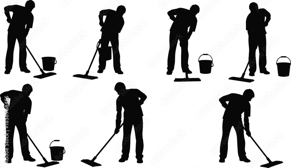 Obraz premium Mopping silhouette sequence, cleaning process icon, janitorial task illustration, black figure poses, bucket and mop gesture, hygiene routine, floor care activity, maintenance steps