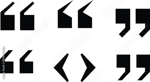 Vector Collection of Six Black Silhouette Quotation Mark Symbols in Different Typographic Styles, Ideal for Testimonials, Communication, Text Formatting, and Graphic Design Elements