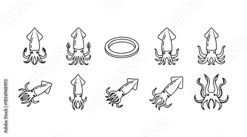 Set of hand drawn squid and octopus tentacles isolated on artistic sketch vector