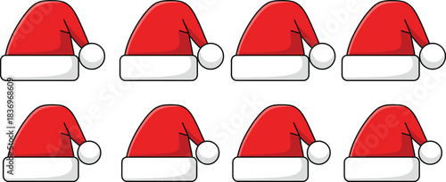 Vector Collection of Eight Cartoon Santa Hats in Red and White, Ideal for Christmas, Winter Holidays, Festive Decorations, Costume Accessories, and Seasonal Event Graphics