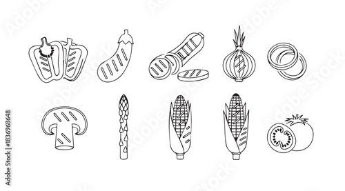 Hand drawn grilled vegetables and mushrooms simple sketch collection for healthy food concepts vector