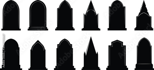 Vector Collection of Twelve Black Silhouette Gravestones and Tombstones in Assorted Shapes, Ideal for Cemetery, Halloween, Horror, Death, and Memorial Design Concepts