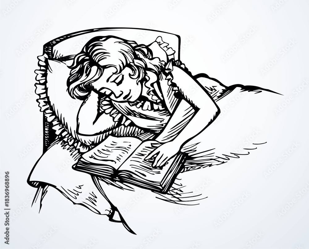 Fototapeta premium Vector drawing. Girl asleep in a bed