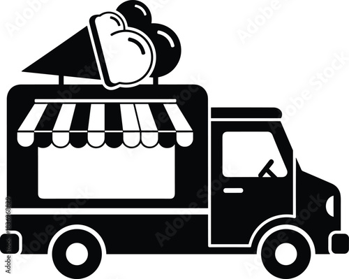 Black and white ice cream truck icon with awning and large cone graphic, symbolizing summer, dessert, street vending, and nostalgic food service design.