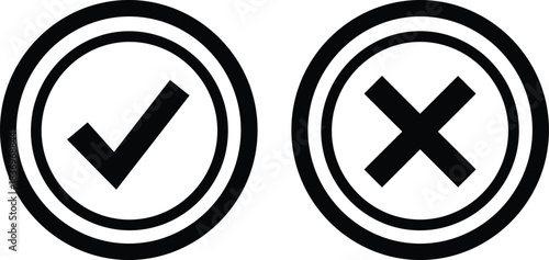 Black and white vector icons of a check mark and cross mark in double circles, symbolizing approval, success, failure, voting, decision making, and validation control buttons.