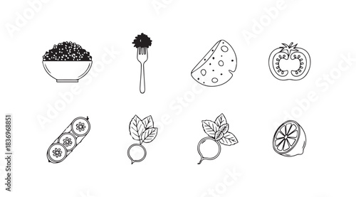 Hand drawn sketch icons representing various food and beverage items for culinary use vector