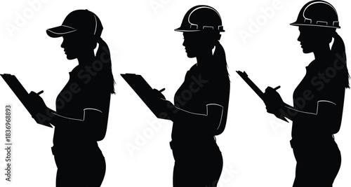A collection of male construction worker and engineer silhouettes in hard hats, displaying various actions including walking, standing, holding clipboards, and using hand gestures.