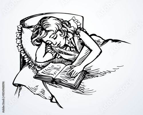 Vector drawing. Girl asleep in a bed