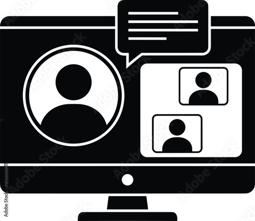 Black Silhouette Vector Icon of Video Conference Call on Desktop Computer Screen with User Profile Avatars and Text Message Bubble.