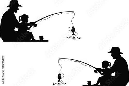 Black Silhouette Vector of a Father and Daughter Fishing Together, Representing Family Bonding, Leisure Time, Outdoor Hobby, and Generational Tradition.