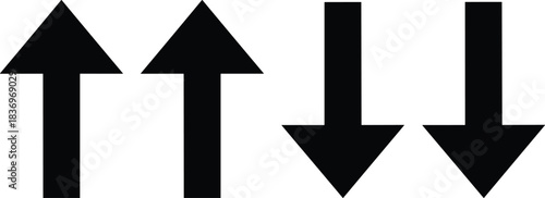 Black vector arrows pointing both upwards and downwards, symbolizing direction, movement, growth, and decline for navigation, stock market, and interface design.