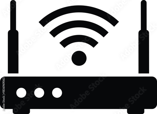 Black vector icon of a wireless internet router with dual antennas, broadcasting strong Wi-Fi signals, symbolizing modern networking, connectivity, and home broadband technology.