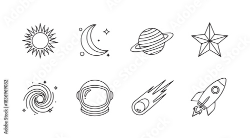 Cosmic celestial objects set hand drawn sketch style icons for space exploration and astronomy vector
