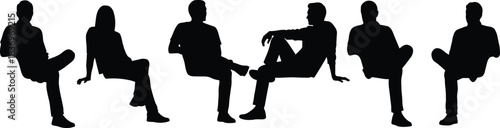 Collection of seated people silhouettes, diverse men and women in various relaxed and casual sitting poses, ideal for architectural scale, floor plans, and urban design.