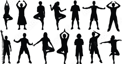 Diverse collection of twelve black silhouettes of people practicing yoga and various fitness poses, representing healthy lifestyle, balance, exercise, and active training.