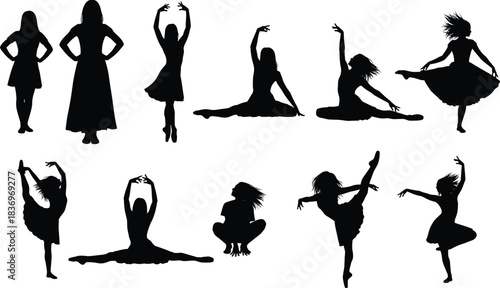 Elegant collection of isolated female dancer silhouettes in various dynamic and classic ballet poses, showcasing grace, movement, and artistic expression for design projects.