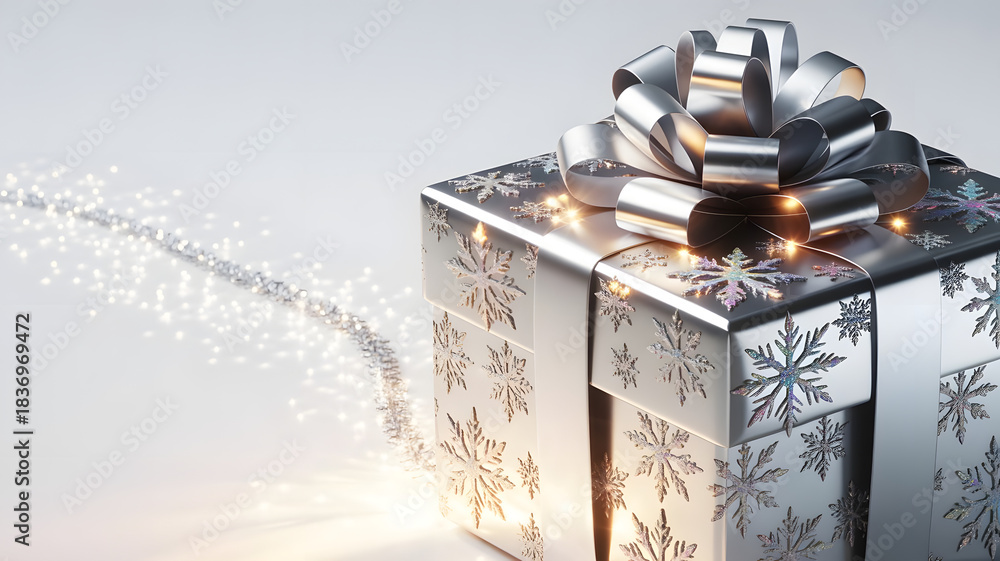 Fototapeta premium Gift of Radiance: A beautifully wrapped silver present, adorned with a shimmering bow, is presented against a softly lit backdrop. sparkling stars add a touch of magic.