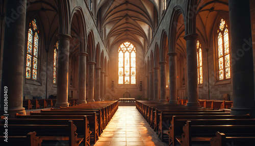 Wallpaper Mural Gothic Cathedral Interior with Pews and Stained Glass Torontodigital.ca