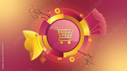 An abstract vector illustration that visually merges the themes of business, e-commerce, and Lunar New Year (Chinese New Year) shopping. This graphic is ideal for promoting holiday sales, e-commerce
