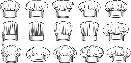 Large Variety of Chef Toque Hats Outline Vector Illustration Set: Different Styles of Cooking and Culinary Headwear for Bakery or Restaurant Logos.