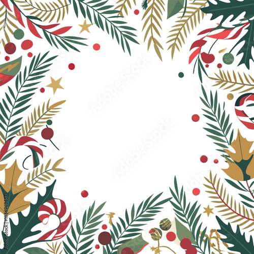 Festive christmas wreath with pine branches, berries and candy canes on white background