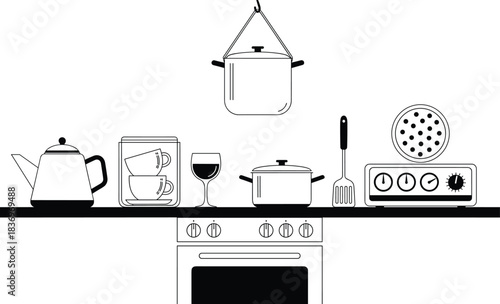 Minimalist black and white illustration of kitchen cooking items, including pots, kettle, cups, and stove, representing home, food, and domestic life.
