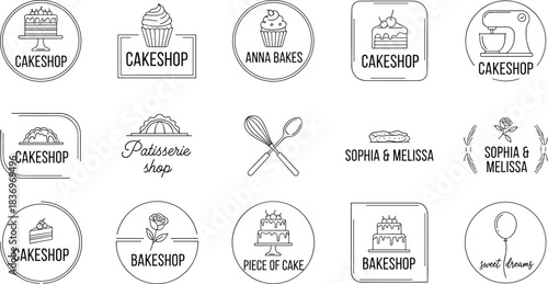 Minimalist Outline Logo Collection for Bakery and Patisserie Shops, Featuring Hand-Drawn Cakes, Cupcakes, Whisk, and Floral Design Elements for Branding and Signage.