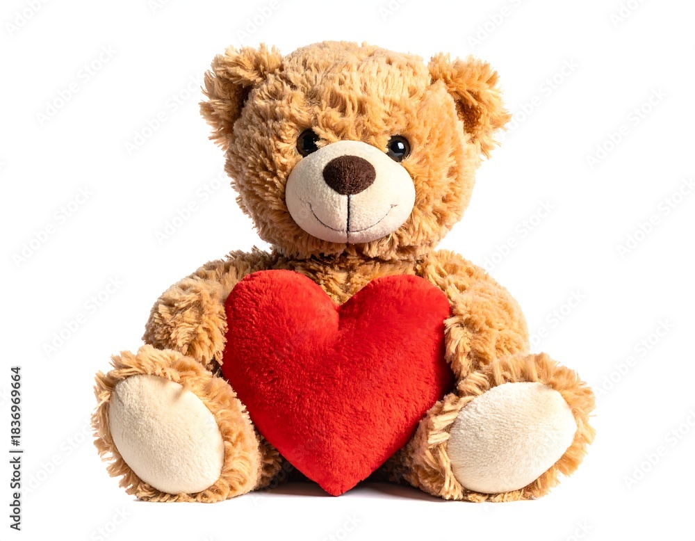 Fototapeta premium Soft plush teddy bear with a heart-shaped pillow, sitting on a white background