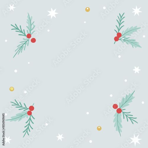 Festive winter holiday border frame with holly leaves and berries, snowflakes, and gold dots on a light blue background