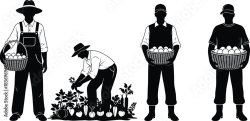 Set of Black Silhouettes of Farmers and Gardeners Harvesting Produce, Working with Vegetables and Carrying Baskets of Eggs, Isolated Vector Illustrations.