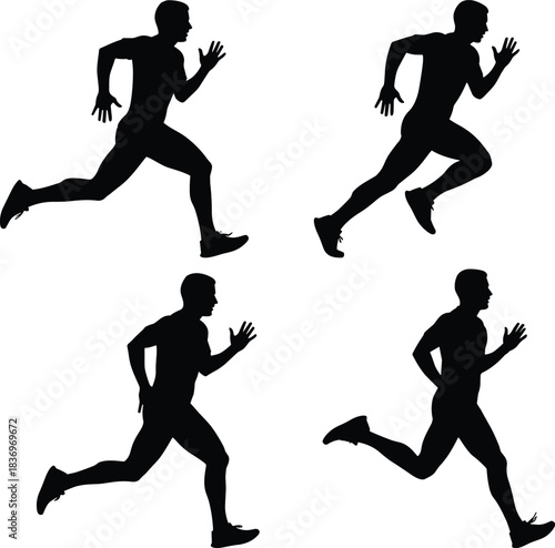 Set of Dynamic Running Man SilhouettesCollection of Four Male Runners in Different Sprinting Poses, Representing Speed, Stamina, Fitness, and Athletic Competition.
