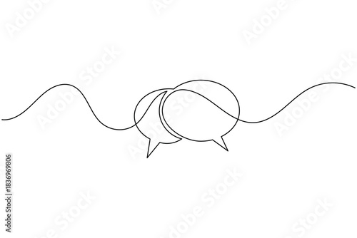 Continuous line drawing of two connected speech bubbles for communication