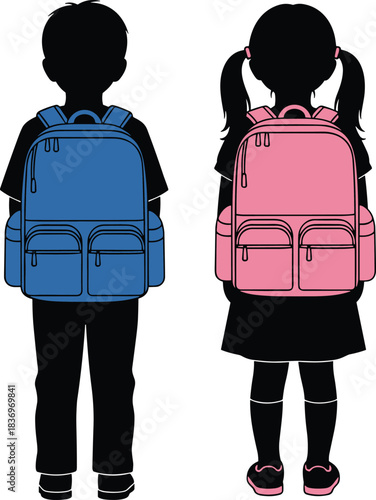 Silhouette illustration of a schoolboy and schoolgirl wearing blue and pink backpacks, symbolizing education, back-to-school preparation, and the start of a new academic journey.